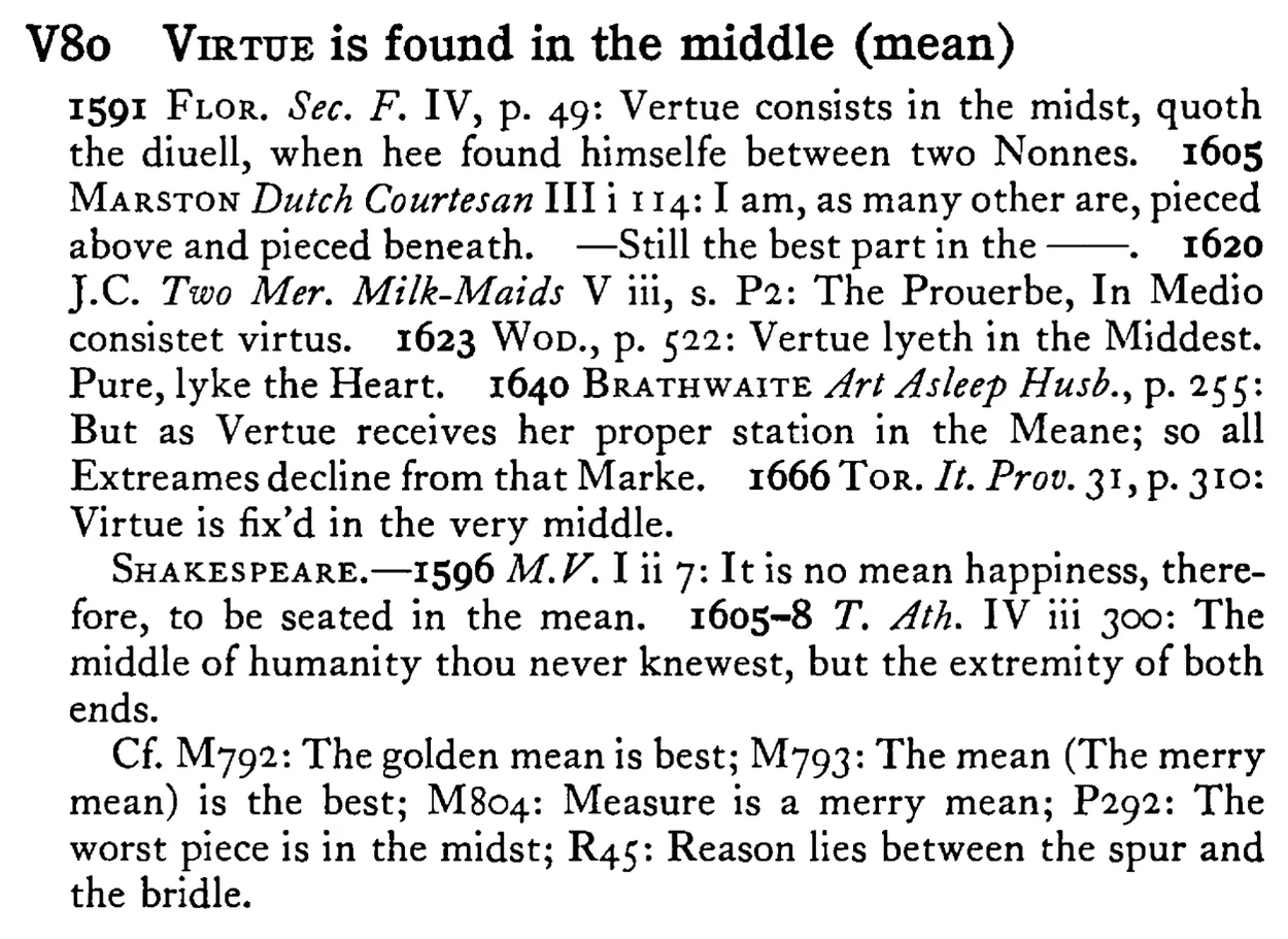 VIRTUE is found in the middle (mean) - a scanned entry from Tilley's 1950 Dictionary of Proverbs.
