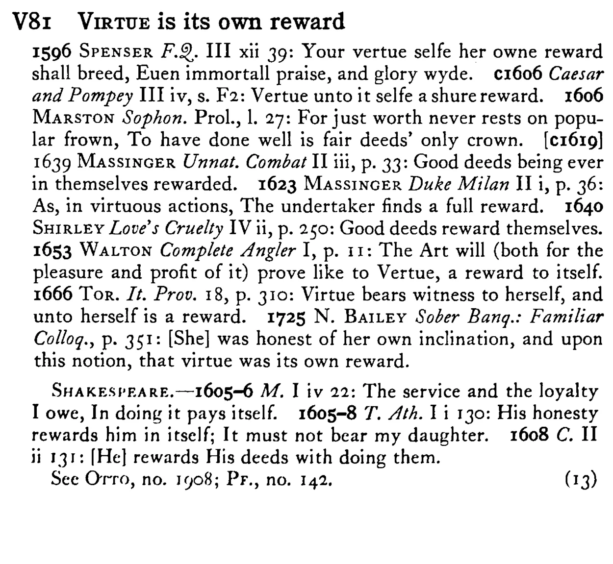 VIRTUE is its own reward - a scanned entry from Tilley's 1950 Dictionary of Proverbs.