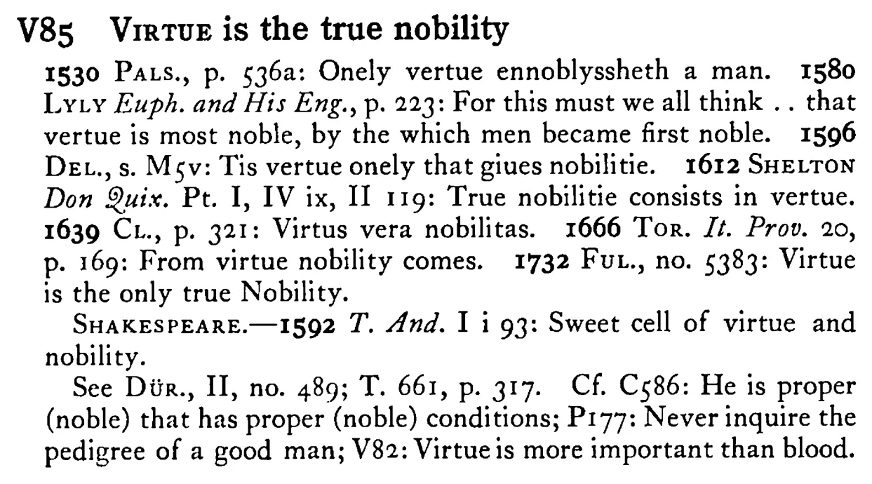 VIRTUE is the true nobility - a scanned entry from Tilley's 1950 Dictionary of Proverbs.