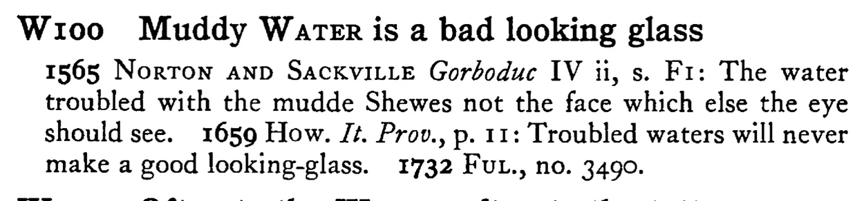 Muddy WATER is a bad looking glass - a scanned entry from Tilley's 1950 Dictionary of Proverbs.