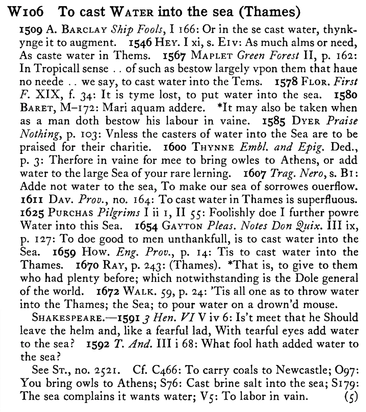 To cast WATER into the sea (Thames) - a scanned entry from Tilley's 1950 Dictionary of Proverbs.