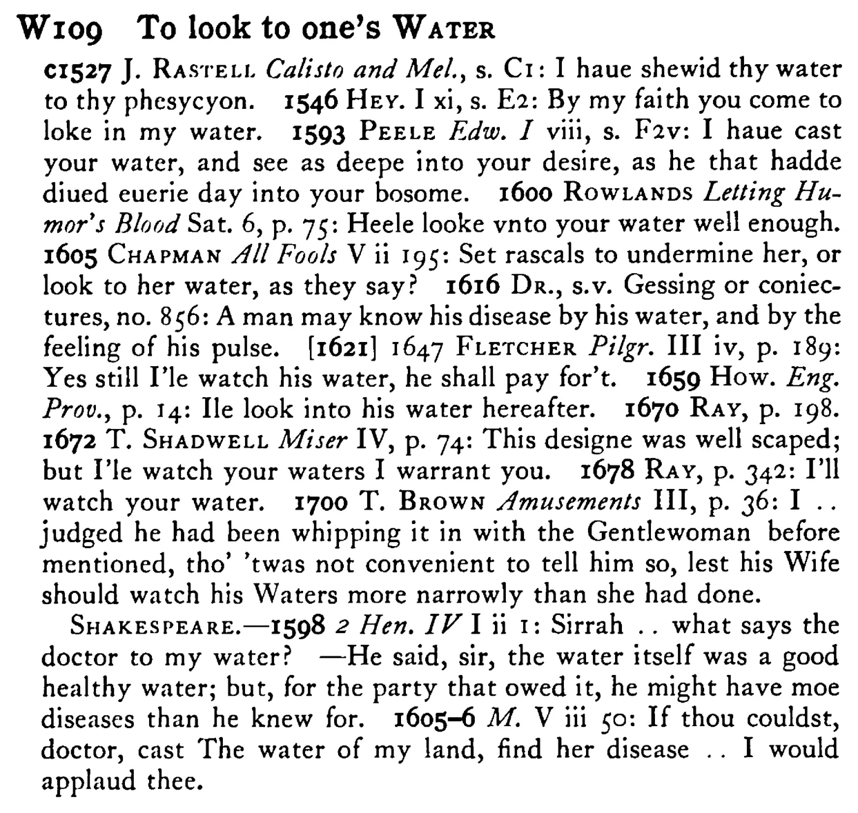 To look to one's WATER - a scanned entry from Tilley's 1950 Dictionary of Proverbs.
