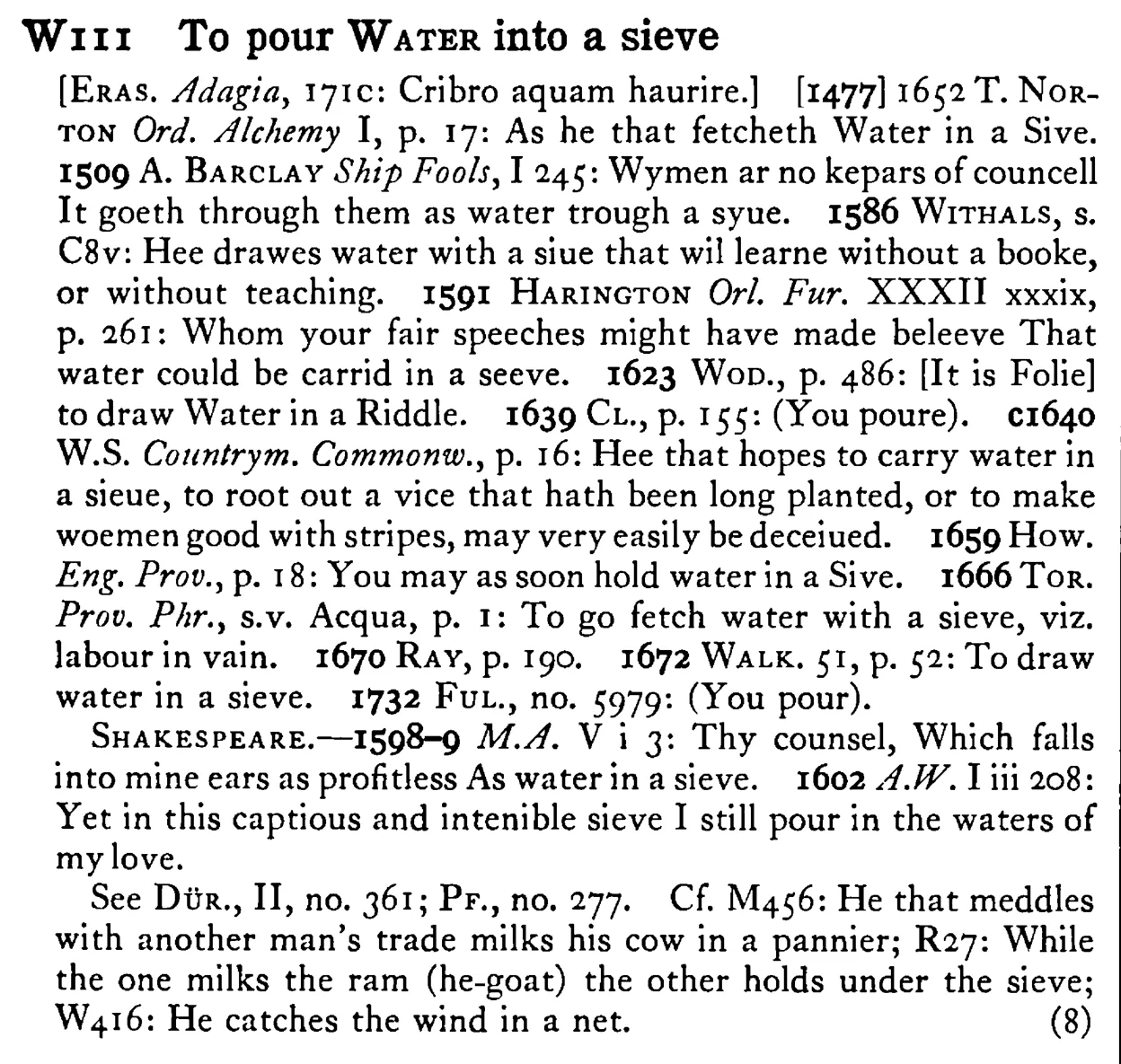 To pour WATER into a sieve - a scanned entry from Tilley's 1950 Dictionary of Proverbs.