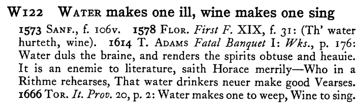WATER makes one ill, wine makes one sing - a scanned entry from Tilley's 1950 Dictionary of Proverbs.