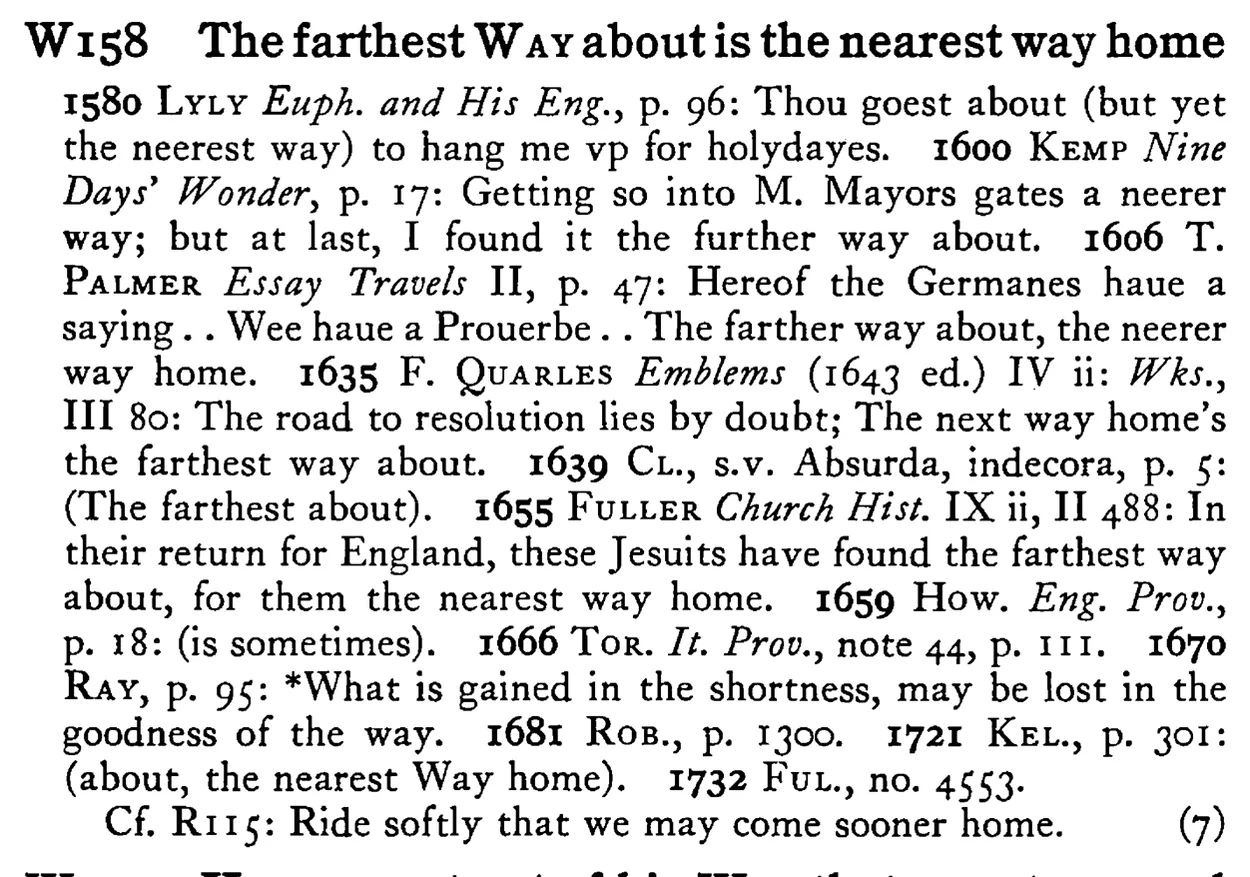 The farthest WAY about is the nearest way home - a scanned entry from Tilley's 1950 Dictionary of Proverbs.