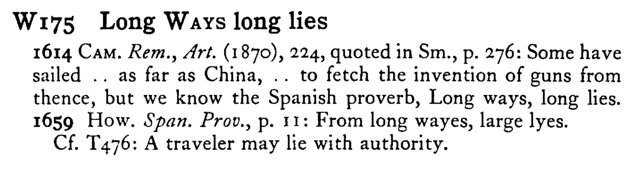 Long WAYS long lies - a scanned entry from Tilley's 1950 Dictionary of Proverbs.