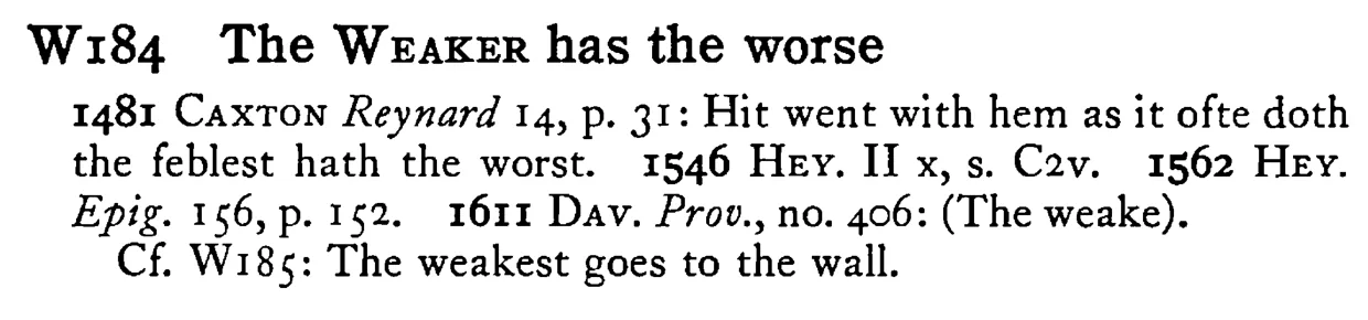 The WEAKER has the worse - a scanned entry from Tilley's 1950 Dictionary of Proverbs.