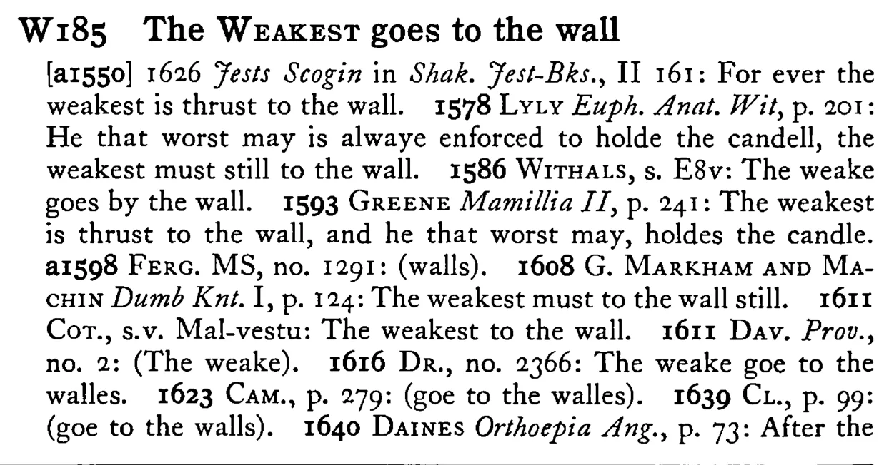 The WEAKEST goes to the wall - a scanned entry from Tilley's 1950 Dictionary of Proverbs.
