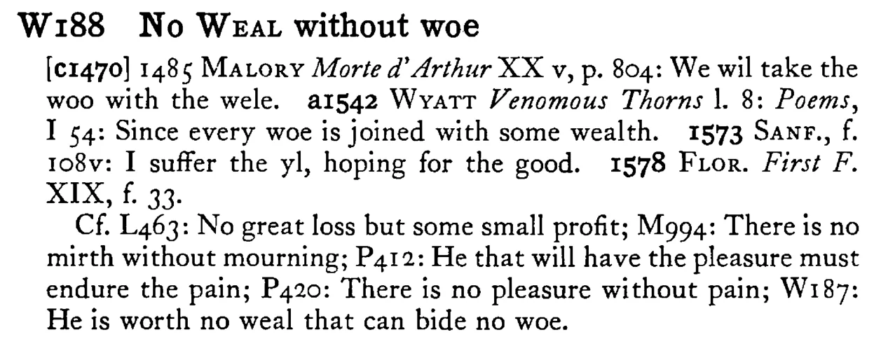 No WEAL without woe - a scanned entry from Tilley's 1950 Dictionary of Proverbs.