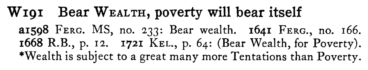 Bear WEALTH, poverty will bear itself - a scanned entry from Tilley's 1950 Dictionary of Proverbs.