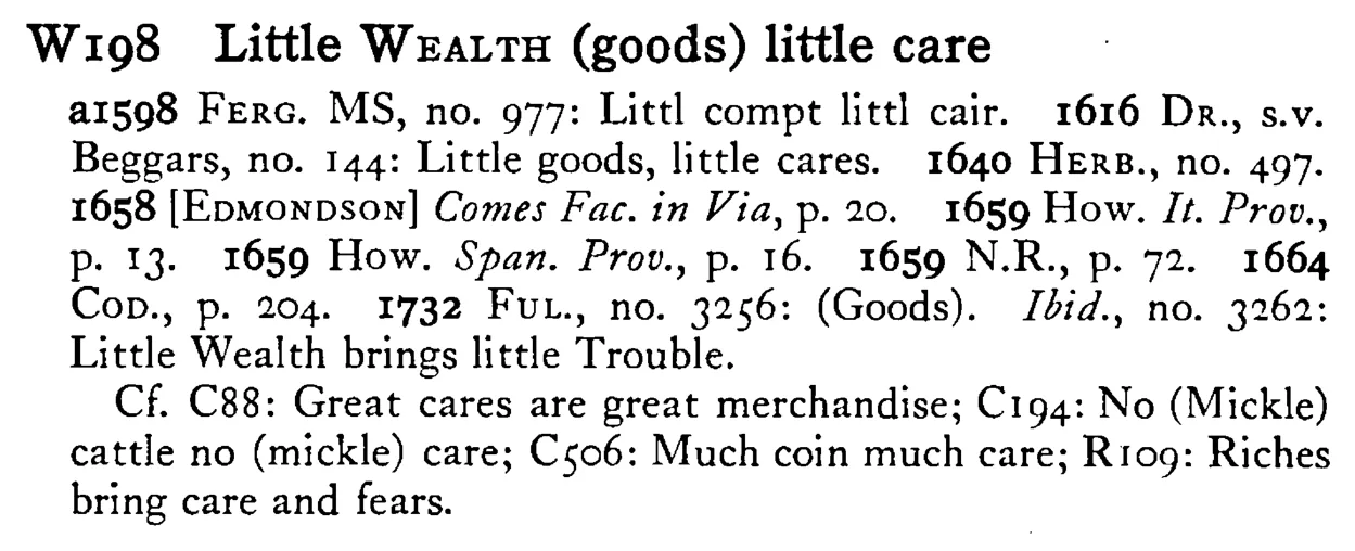 Little WEALTH (goods) little care - a scanned entry from Tilley's 1950 Dictionary of Proverbs.