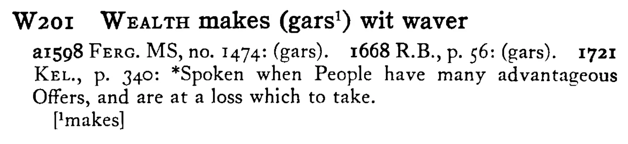 WEALTH makes (gars¹) wit waver - a scanned entry from Tilley's 1950 Dictionary of Proverbs.