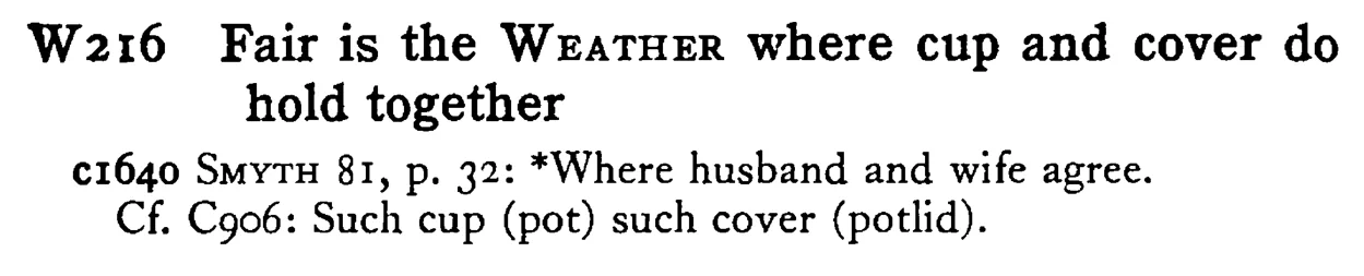 Fair is the WEATHER where cup and cover do hold together - a scanned entry from Tilley's 1950 Dictionary of Proverbs.
