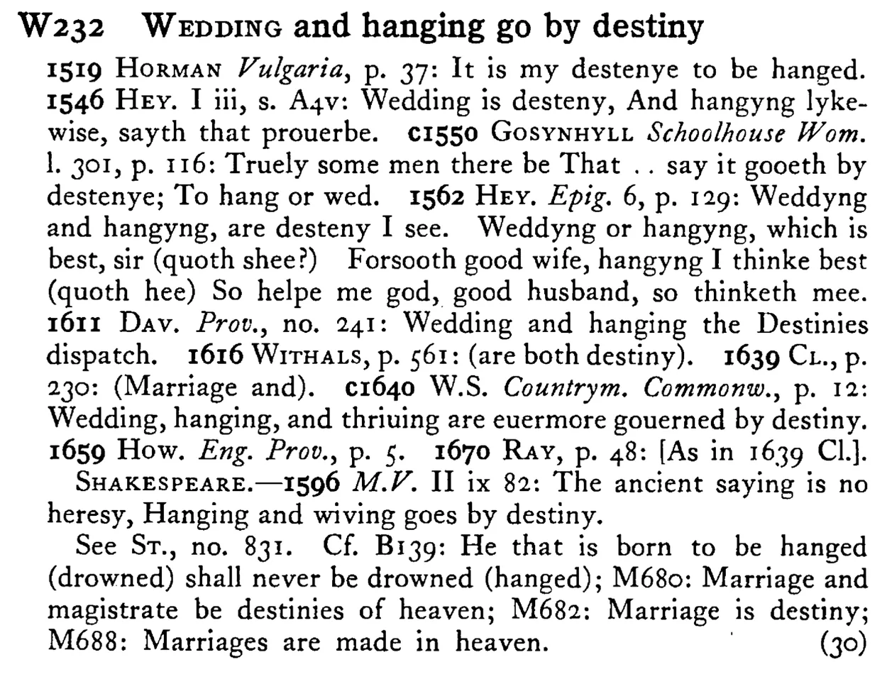 WEDDING and hanging go by destiny - a scanned entry from Tilley's 1950 Dictionary of Proverbs.