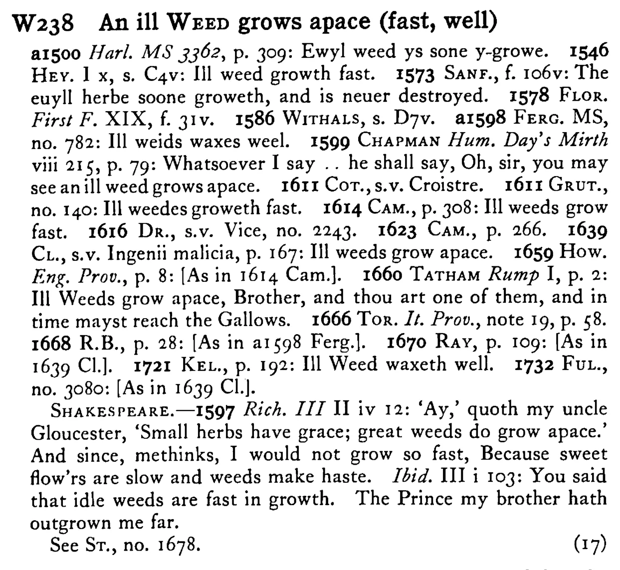 An ill WEED grows apace (fast, well) - a scanned entry from Tilley's 1950 Dictionary of Proverbs.