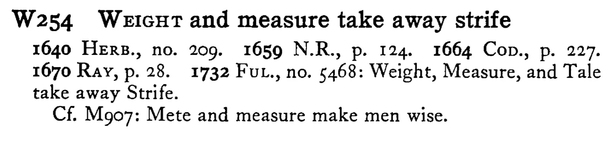 WEIGHT and measure take away strife - a scanned entry from Tilley's 1950 Dictionary of Proverbs.