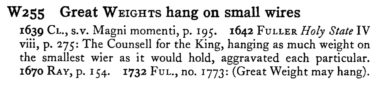 Great WEIGHTS hang on small wires - a scanned entry from Tilley's 1950 Dictionary of Proverbs.