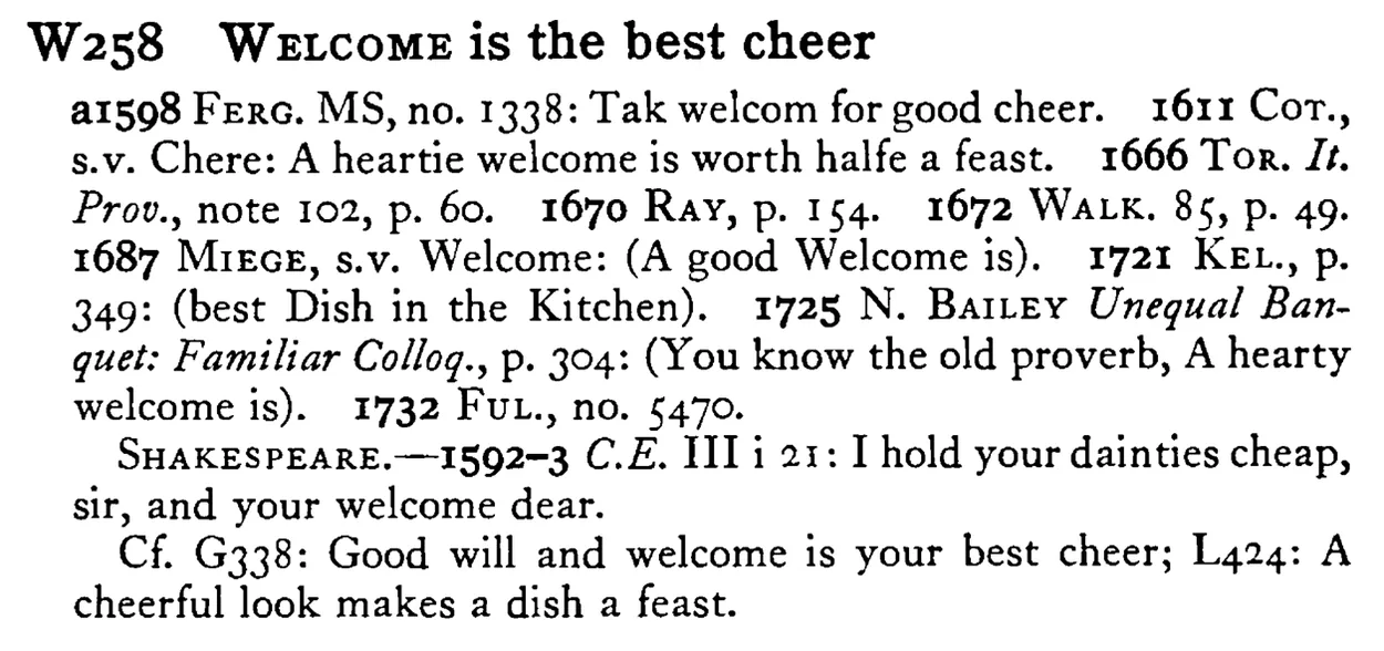 WELCOME is the best cheer - a scanned entry from Tilley's 1950 Dictionary of Proverbs.