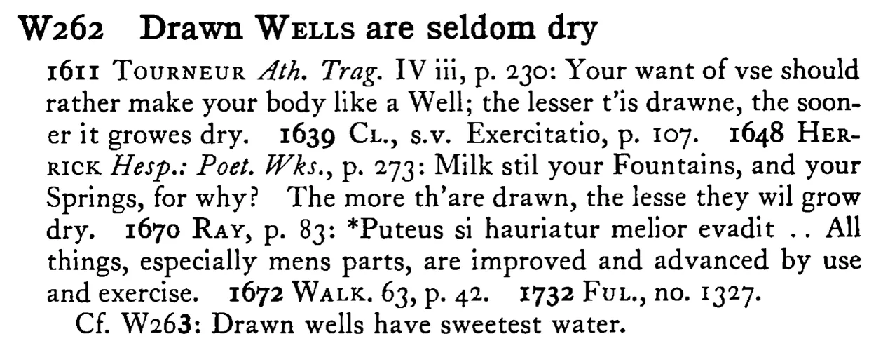 Drawn WELLS are seldom dry - a scanned entry from Tilley's 1950 Dictionary of Proverbs.