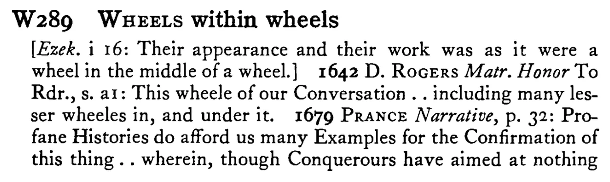 WHEELS within wheels - a scanned entry from Tilley's 1950 Dictionary of Proverbs.