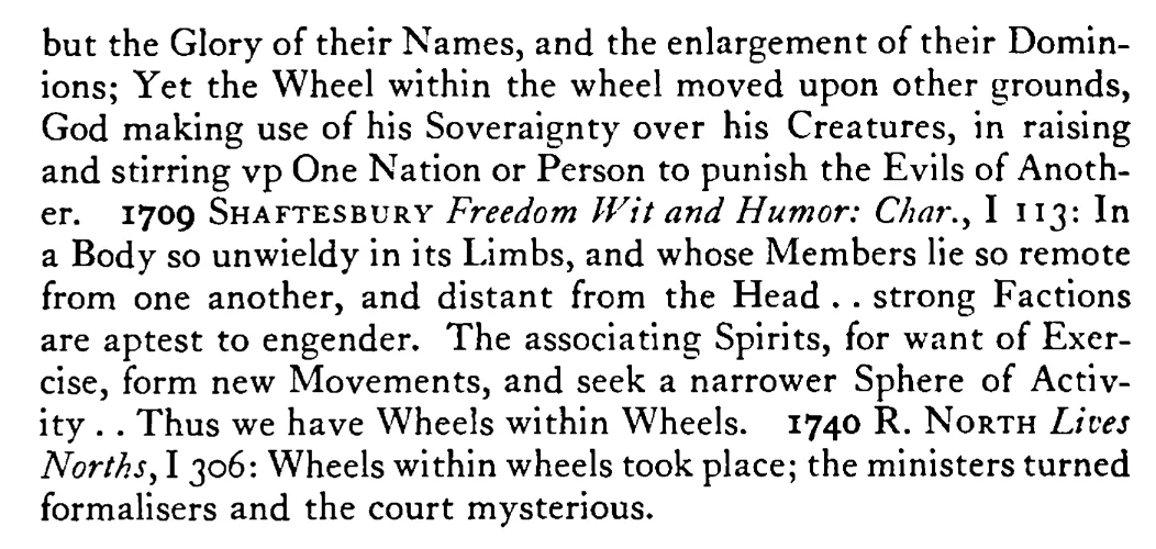 WHEELS within wheels - a scanned entry from Tilley's 1950 Dictionary of Proverbs. (continuation)