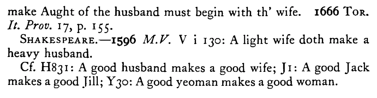 A good WIFE makes a good husband - a scanned entry from Tilley's 1950 Dictionary of Proverbs. (continuation)