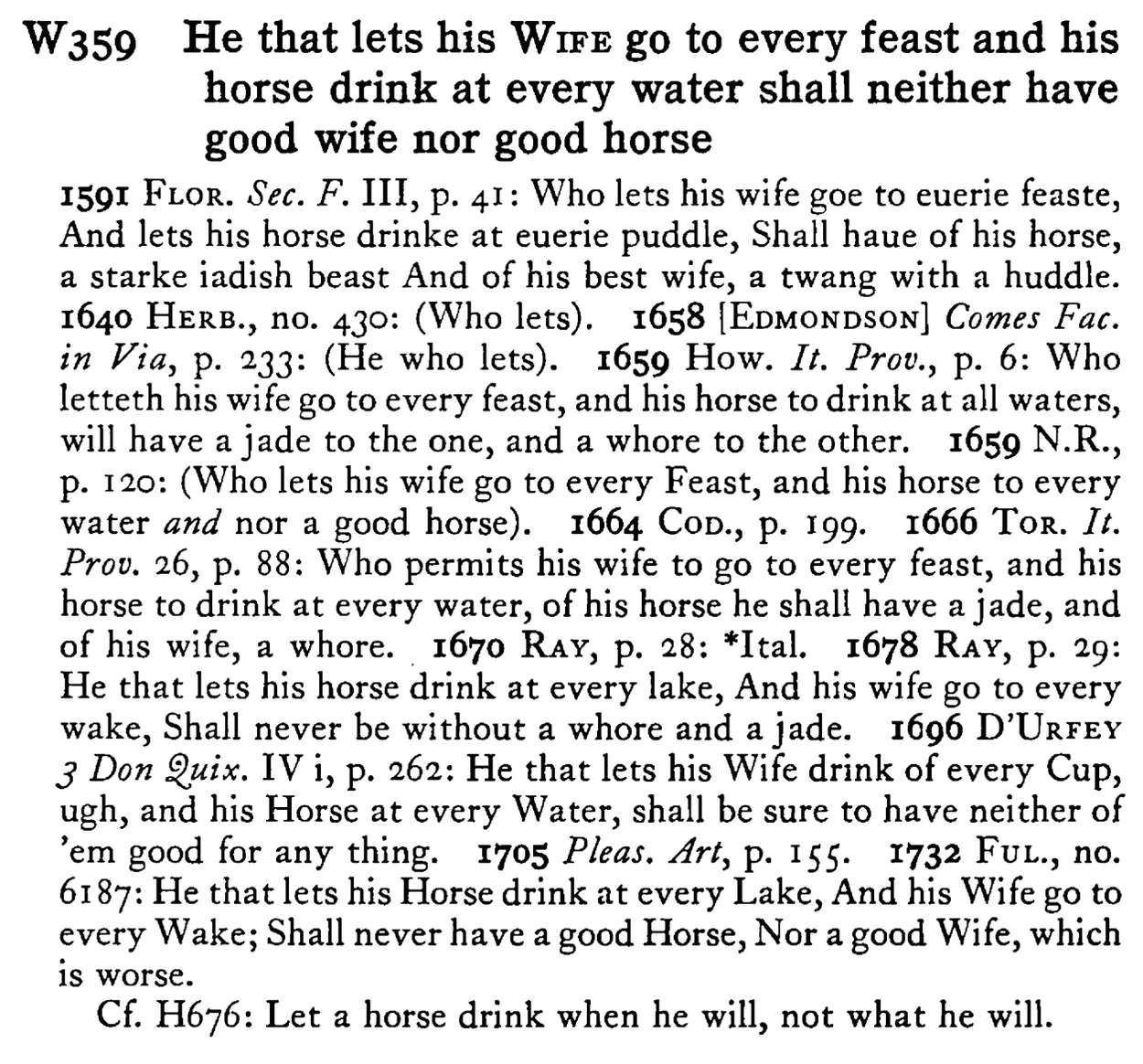 He that lets his WIFE go to every feast and his horse drink at every water shall neither have good wife nor good horse - a scanned entry from Tilley's 1950 Dictionary of Proverbs.