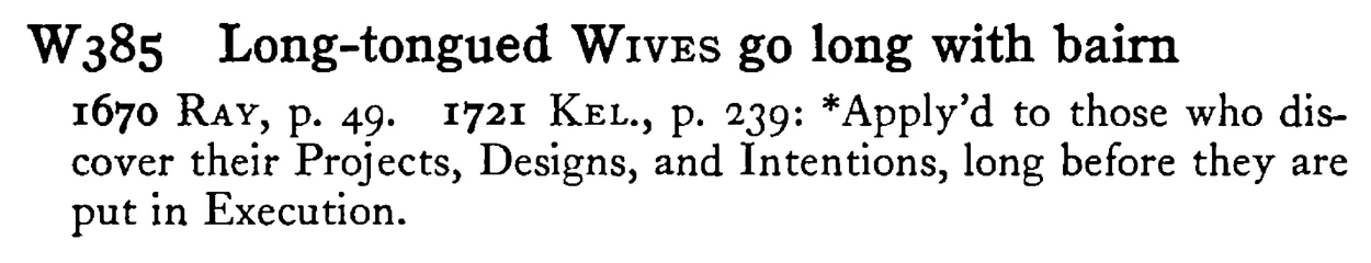 Long-tongued WIVES go long with bairn - a scanned entry from Tilley's 1950 Dictionary of Proverbs.