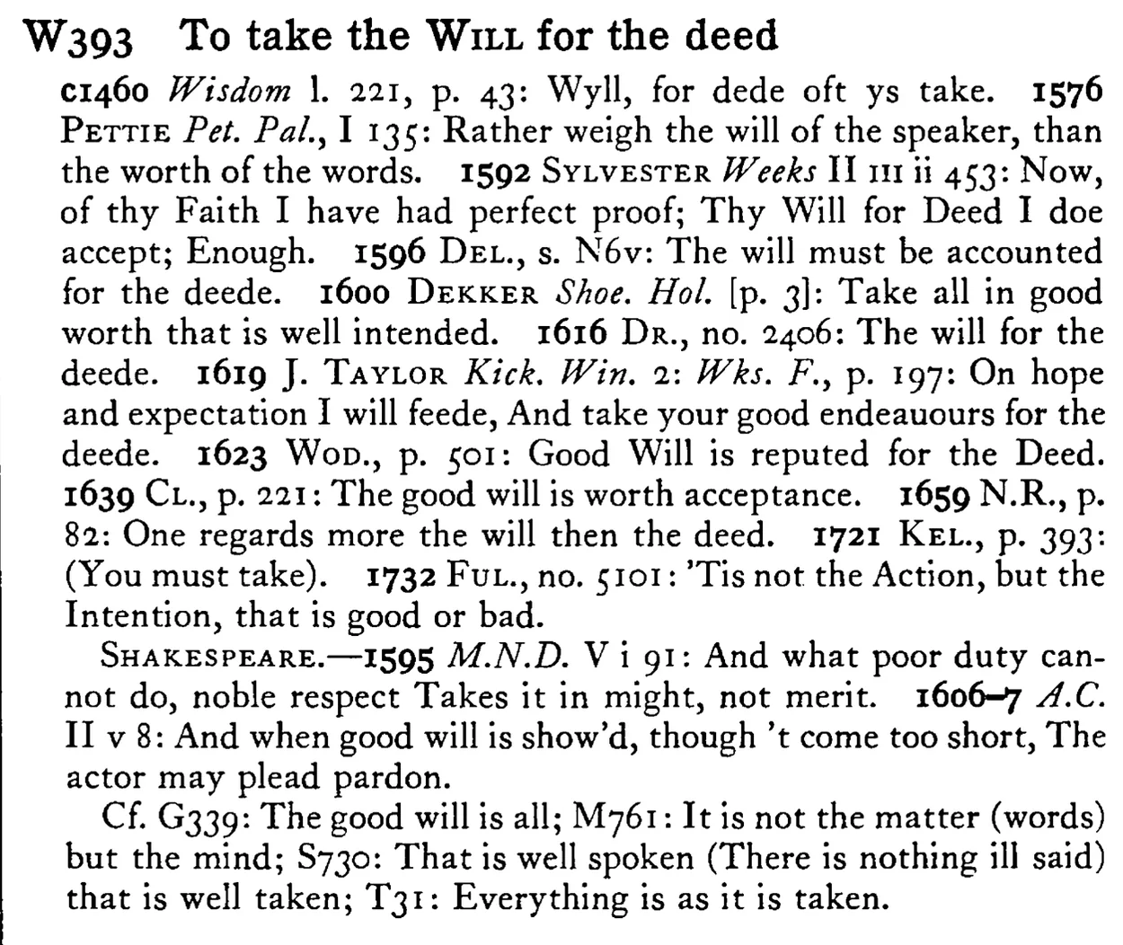 To take the WILL for the deed - a scanned entry from Tilley's 1950 Dictionary of Proverbs.