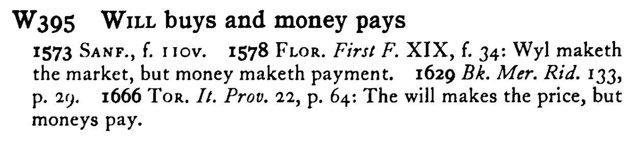 WILL buys and money pays - a scanned entry from Tilley's 1950 Dictionary of Proverbs.