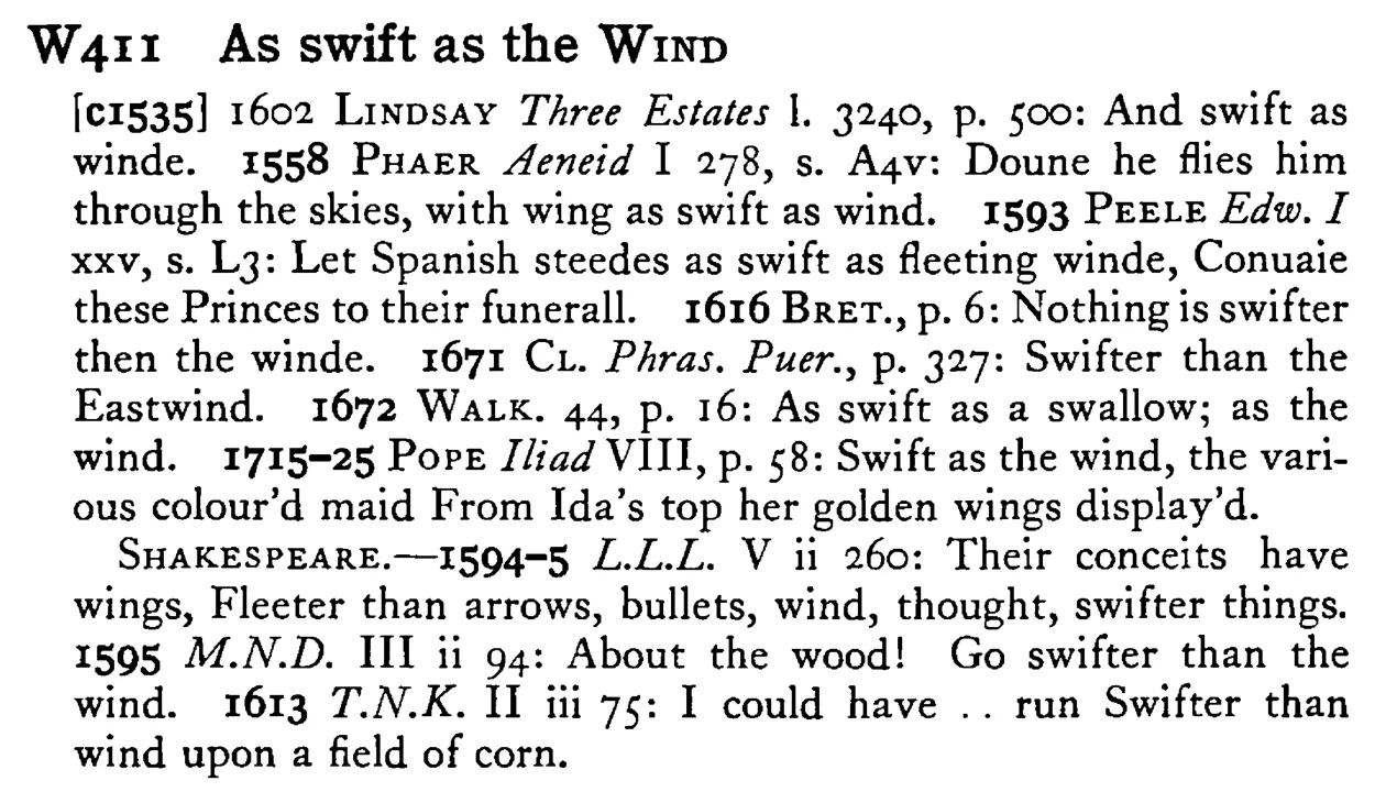 As swift as the WIND - a scanned entry from Tilley's 1950 Dictionary of Proverbs.