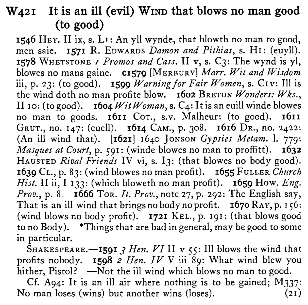 It is an ill (evil) WIND that blows no man good (to good) - a scanned entry from Tilley's 1950 Dictionary of Proverbs.