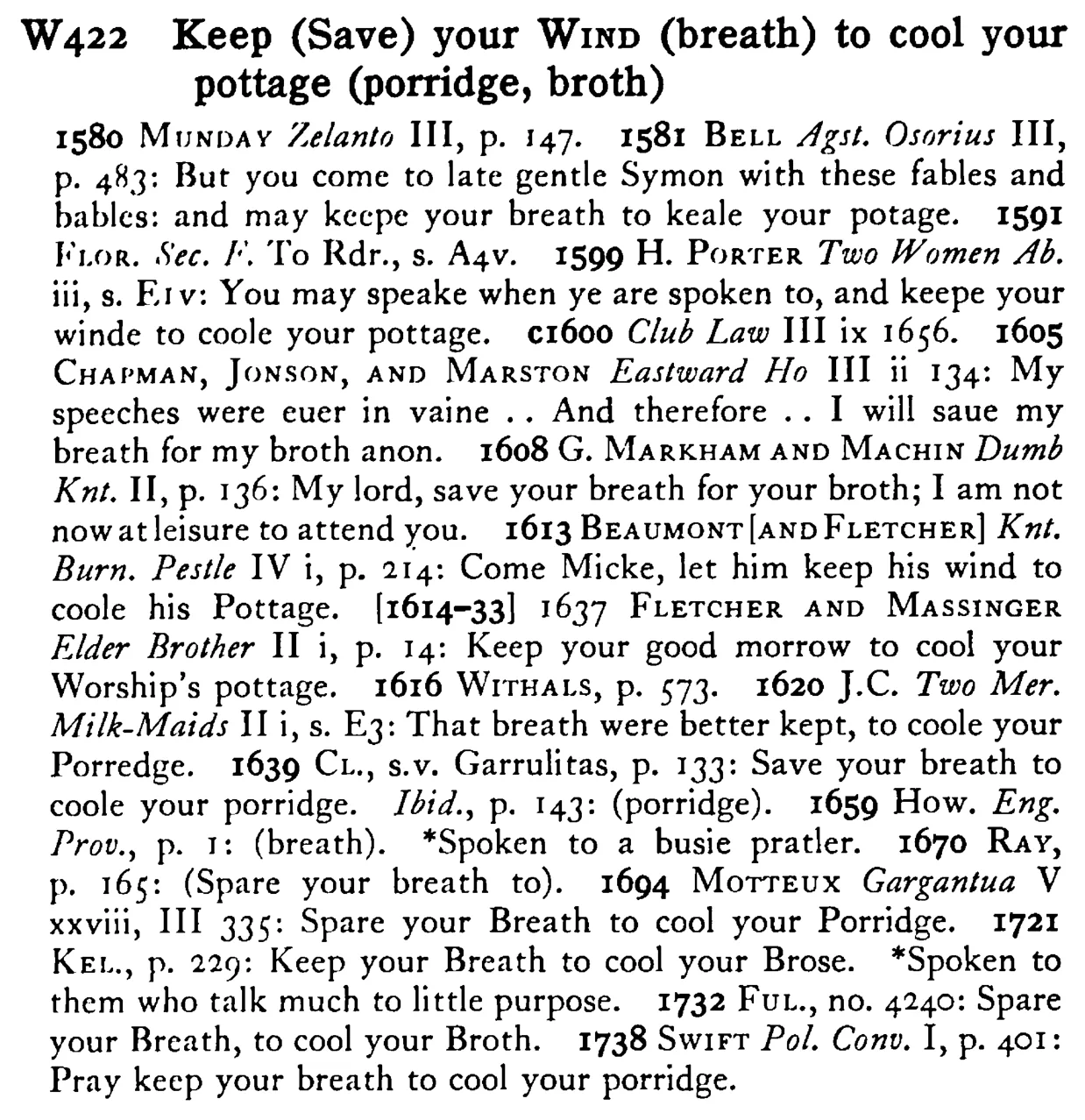 Keep (Save) your WIND (breath) to cool your pottage (porridge, broth) - a scanned entry from Tilley's 1950 Dictionary of Proverbs.