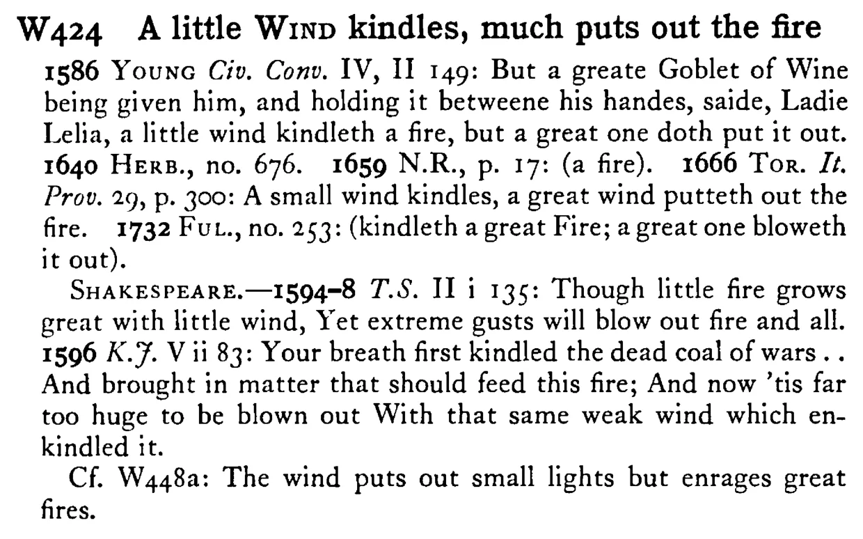 A little WIND kindles, much puts out the fire - a scanned entry from Tilley's 1950 Dictionary of Proverbs.
