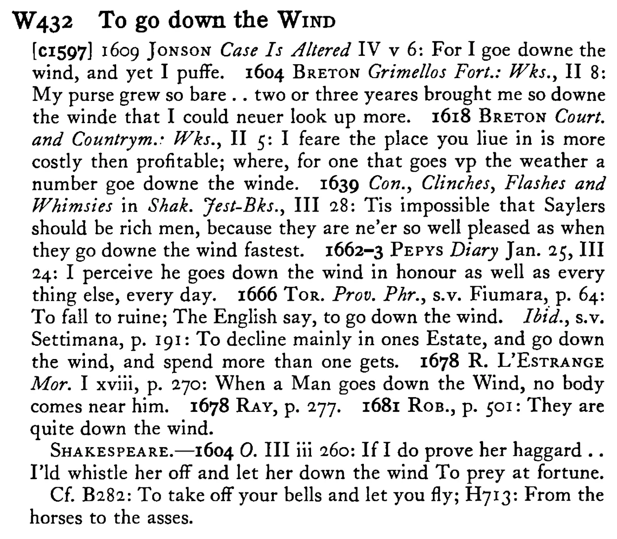 To go down the WIND - a scanned entry from Tilley's 1950 Dictionary of Proverbs.