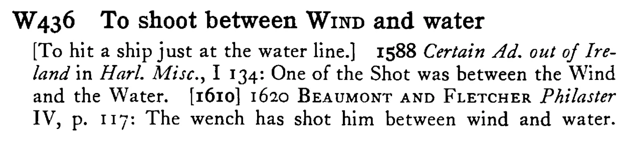 To shoot between WIND and water - a scanned entry from Tilley's 1950 Dictionary of Proverbs.