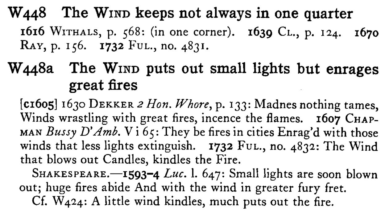 The WIND keeps not always in one quarter - a scanned entry from Tilley's 1950 Dictionary of Proverbs.