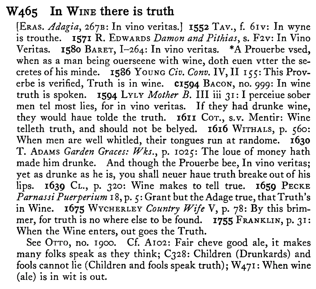 In WINE there is truth - a scanned entry from Tilley's 1950 Dictionary of Proverbs.