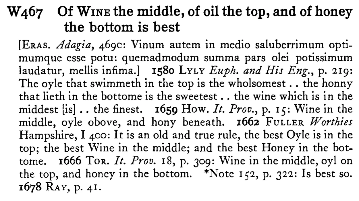 Of WINE the middle, of oil the top, and of honey the bottom is best - a scanned entry from Tilley's 1950 Dictionary of Proverbs.