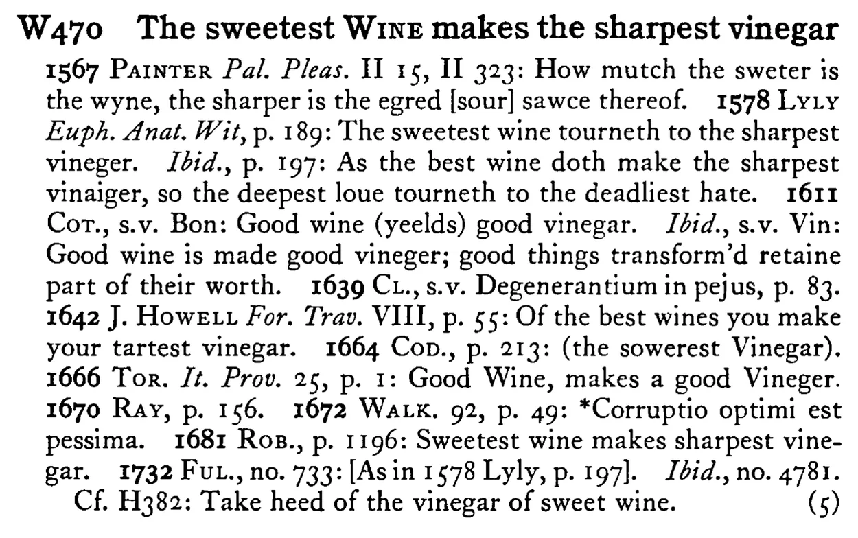 The sweetest WINE makes the sharpest vinegar - a scanned entry from Tilley's 1950 Dictionary of Proverbs.