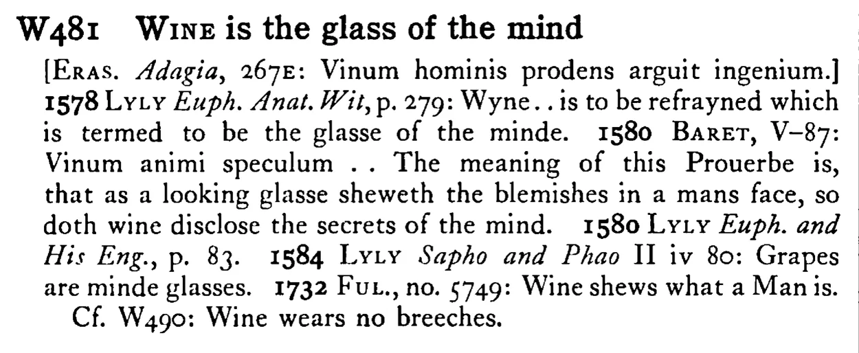 WINE is the glass of the mind - a scanned entry from Tilley's 1950 Dictionary of Proverbs.