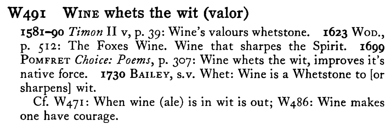 WINE whets the wit (valor) - a scanned entry from Tilley's 1950 Dictionary of Proverbs.