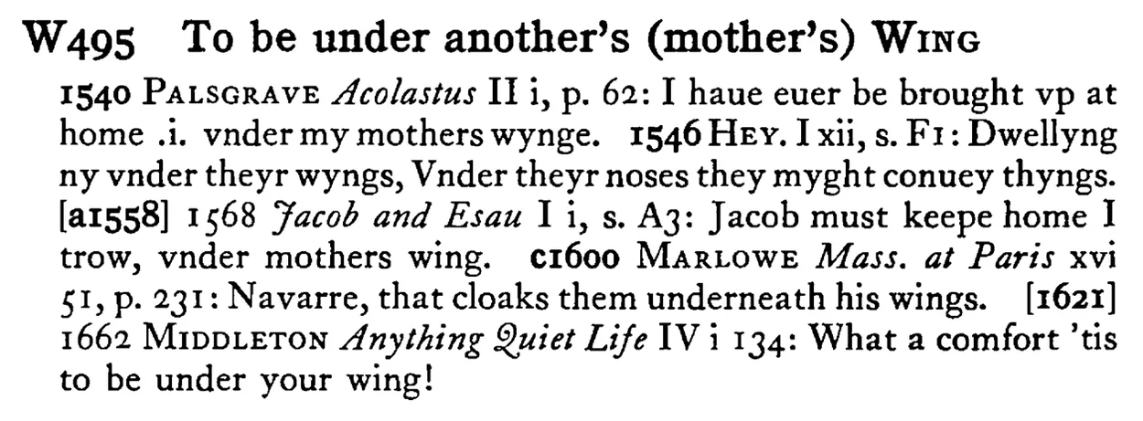 To be under another's (mother's) WING - a scanned entry from Tilley's 1950 Dictionary of Proverbs.