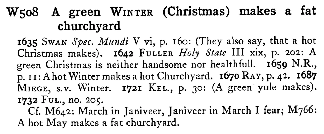 A green WINTER (Christmas) makes a fat churchyard - a scanned entry from Tilley's 1950 Dictionary of Proverbs.