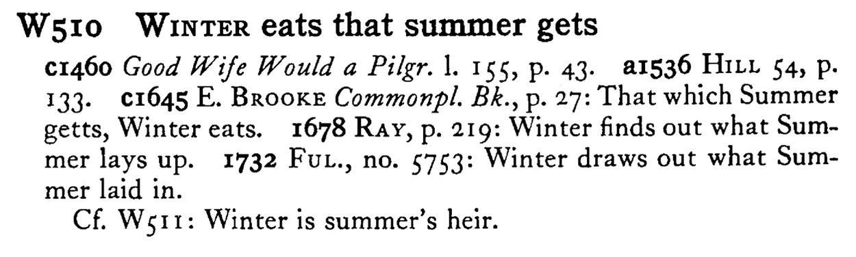 WINTER eats that summer gets - a scanned entry from Tilley's 1950 Dictionary of Proverbs.