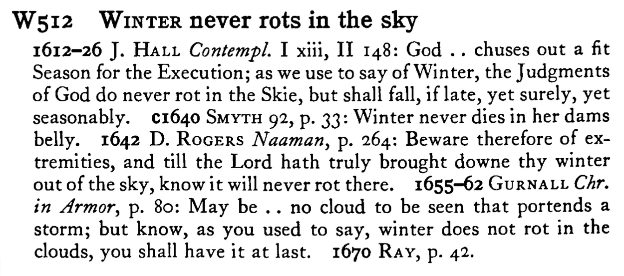 WINTER never rots in the sky - a scanned entry from Tilley's 1950 Dictionary of Proverbs.