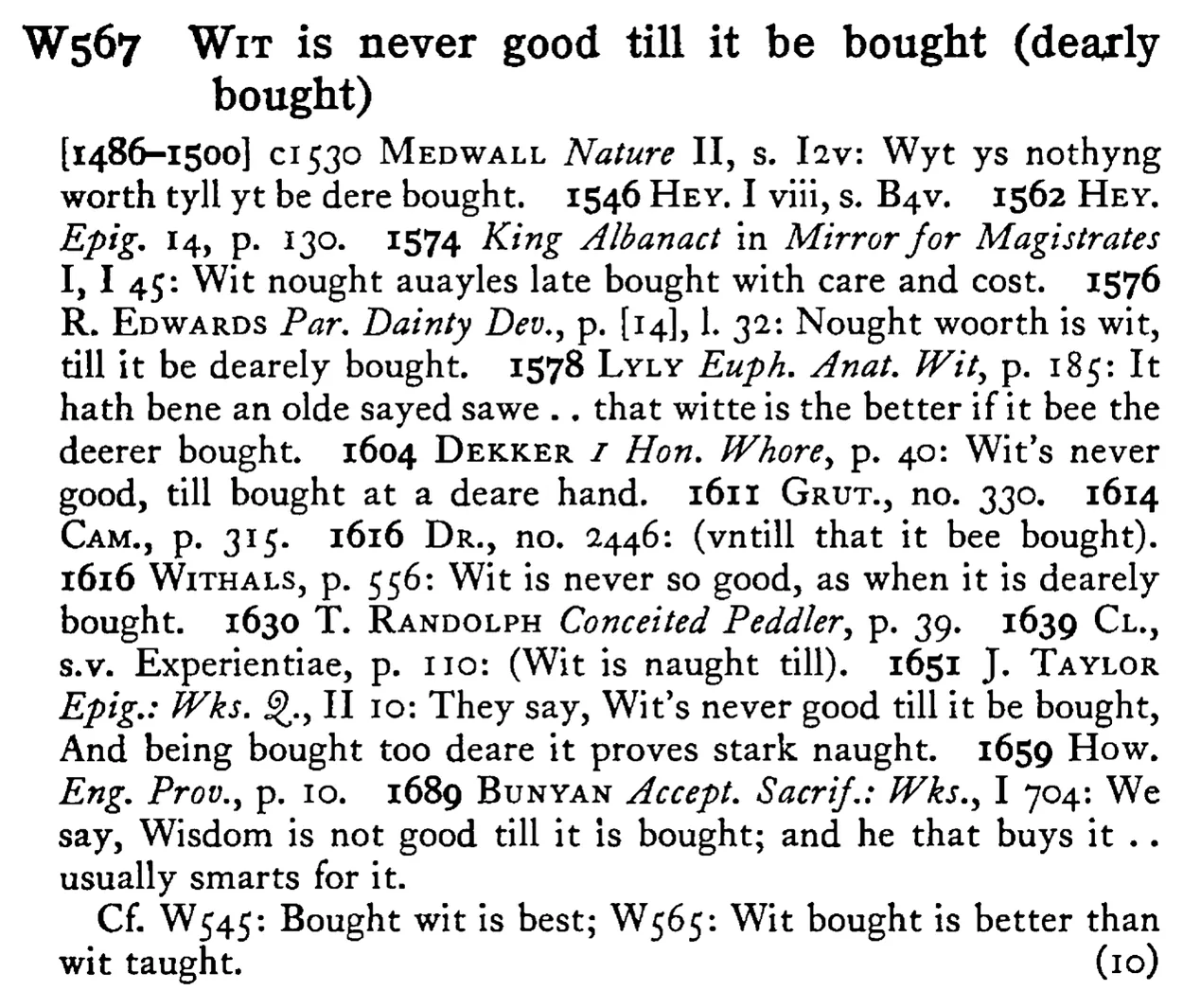 WIT is never good till it be bought (dearly bought) - a scanned entry from Tilley's 1950 Dictionary of Proverbs.