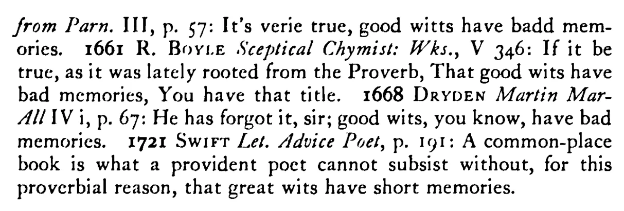 Good WITS have short (bad) memories - a scanned entry from Tilley's 1950 Dictionary of Proverbs. (continuation)