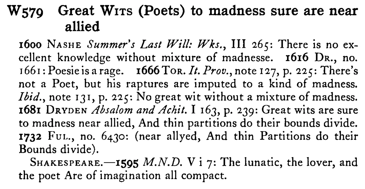 Great WITS (Poets) to madness sure are near allied - a scanned entry from Tilley's 1950 Dictionary of Proverbs.