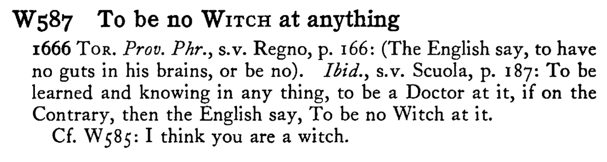 To be no WITCH at anything - a scanned entry from Tilley's 1950 Dictionary of Proverbs.